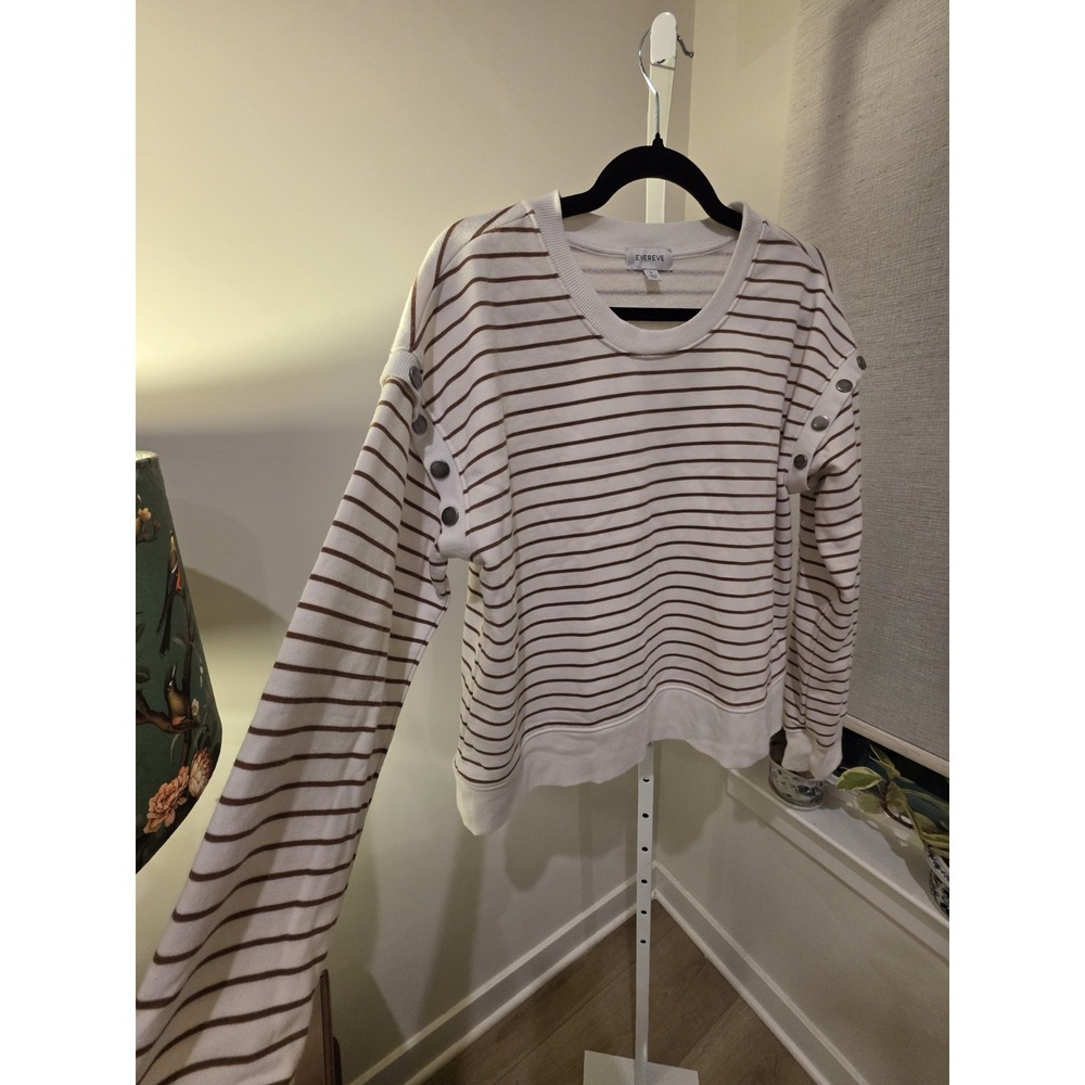 Evereve Womens L Striped Snap Shoulder Sweatshirt Cream Brown Preppy Nautical - Picture 4 of 14